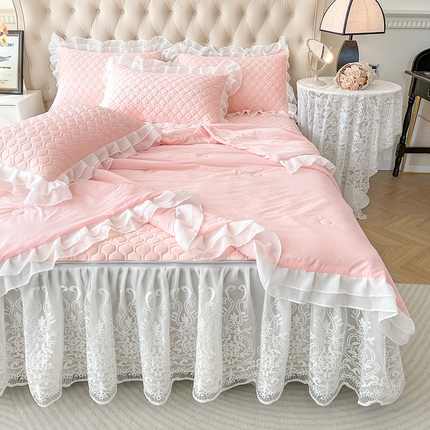 虹星家纺 2024新款凉感丝印花可拆床裙套件-夏被凉席四件套 仙女粉