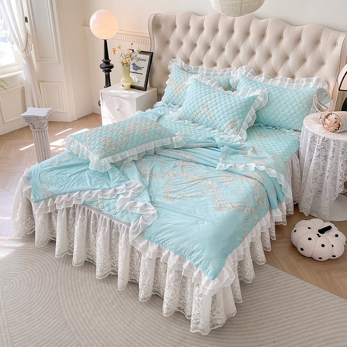 91家纺网 家纺一手货源 找家纺 虹星家纺 2024新款凉感丝印花可拆床裙套件-夏被凉席四件套 罗马之恋