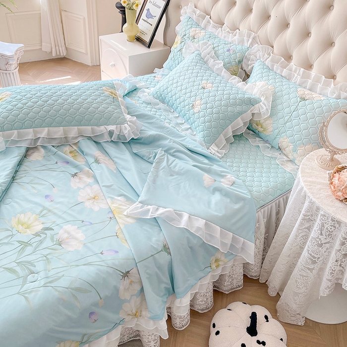 91家纺网 家纺一手货源 找家纺 虹星家纺 2024新款凉感丝印花可拆床裙套件-夏被凉席四件套 柔丝曼舞