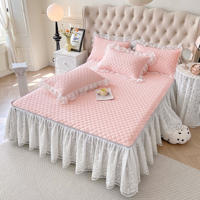 91家纺网 家纺一手货源 找家纺 虹星家纺 2024新款凉感丝印花可拆床裙套件-三件套 仙女粉