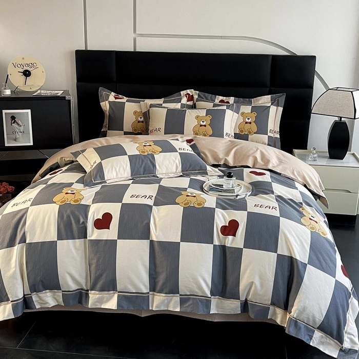 91家纺网 家纺一手货源 找家纺 7V 2024新款轻奢13376纯棉全棉喷气四件套 爱心熊宝-灰