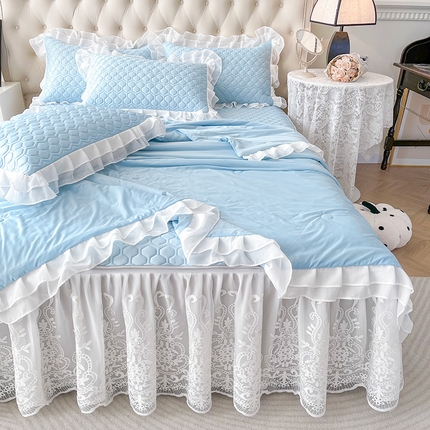 虹星家纺 2024新款凉感丝印花可拆床裙套件-夏被凉席四件套 天空蓝