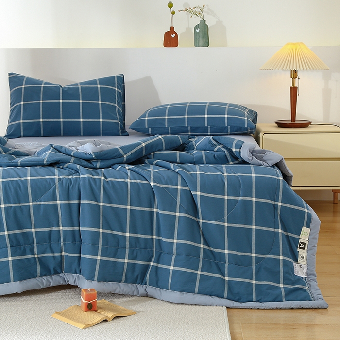 91家纺网 家纺一手货源 找家纺 迪乐妮家居 2024新款色织全棉夏被四件套 海蓝格