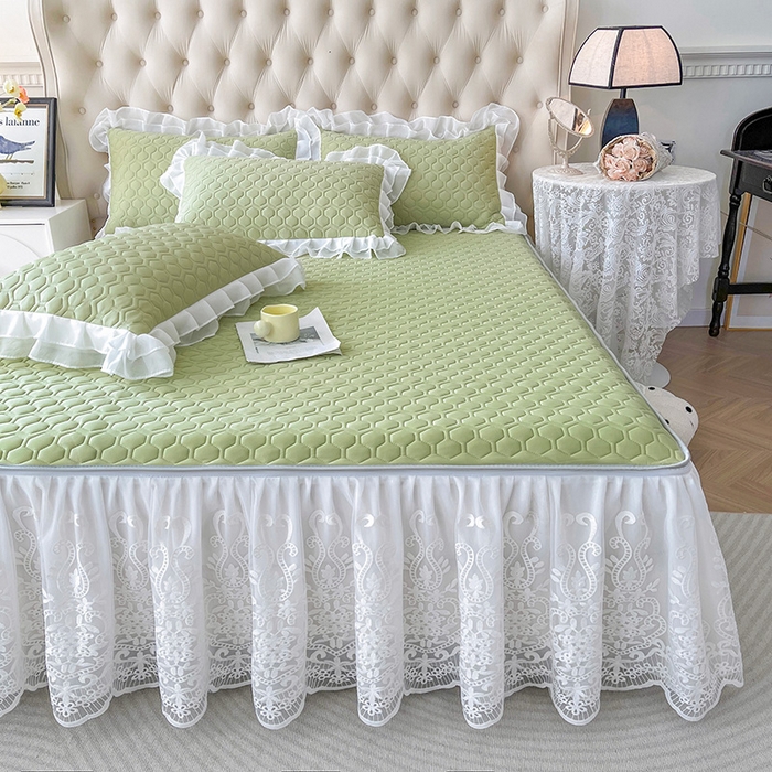 91家纺网 家纺一手货源 找家纺 虹星家纺 2024新款凉感丝印花可拆床裙套件-三件套 初禾绿