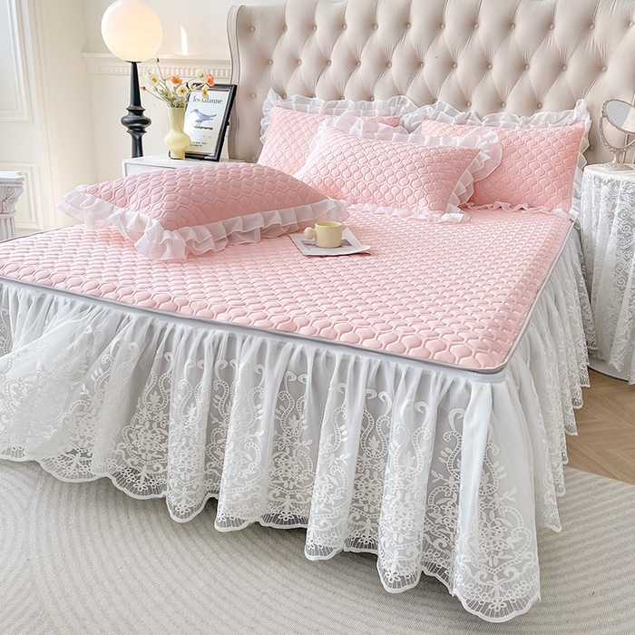 91家纺网 家纺一手货源 找家纺 虹星家纺 2024新款凉感丝印花可拆床裙套件-三件套 仙女粉