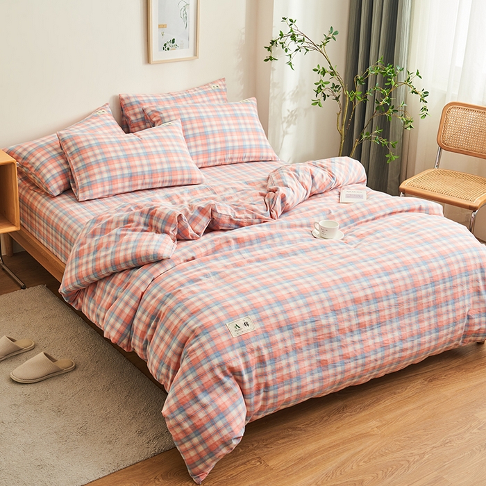 91家纺网 家纺一手货源 找家纺 21度C 2024新款全棉水洗棉四件套 七分格粉