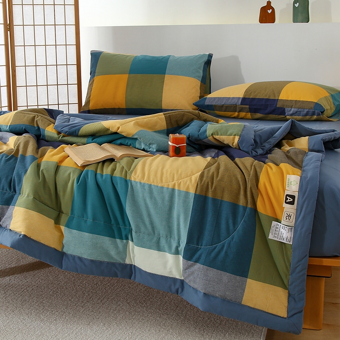 91家纺网 家纺一手货源 找家纺 迪乐妮家居 2024新款色织全棉夏被四件套 彩色大格