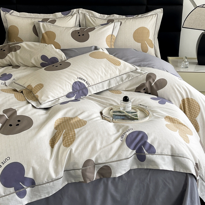 91家纺网 家纺一手货源 找家纺 7V 2024新款轻奢13376纯棉全棉喷气四件套 兔宝-灰