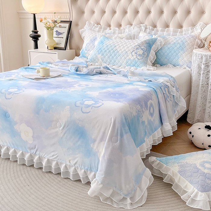 91家纺网 家纺一手货源 找家纺 虹星家纺 2024新款凉感丝印花可拆床裙套件-夏被凉席四件套 花花梦境