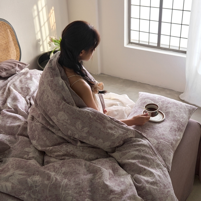 91家纺网 家纺一手货源 找家纺 安莱生活 2025新款蔷薇物语色织双层纱大提花基础款四件套 蔷薇物语-雾霾紫