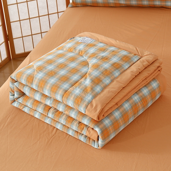 91家纺网 家纺一手货源 找家纺 迪乐妮家居 2024新款色织全棉夏被四件套 蜜橘格