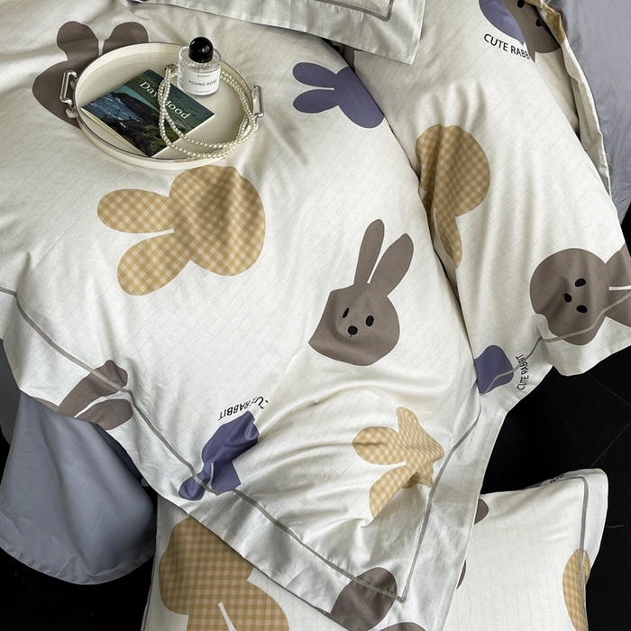 91家纺网 家纺一手货源 找家纺 7V 2024新款轻奢13376纯棉全棉喷气四件套 兔宝-灰