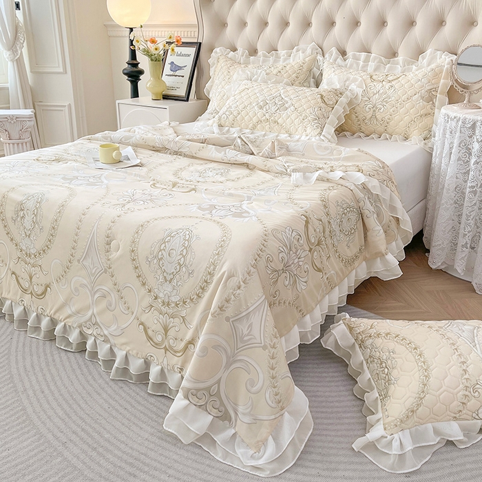 91家纺网 家纺一手货源 找家纺 虹星家纺 2024新款凉感丝印花可拆床裙套件-夏被凉席四件套 欧式雅韵