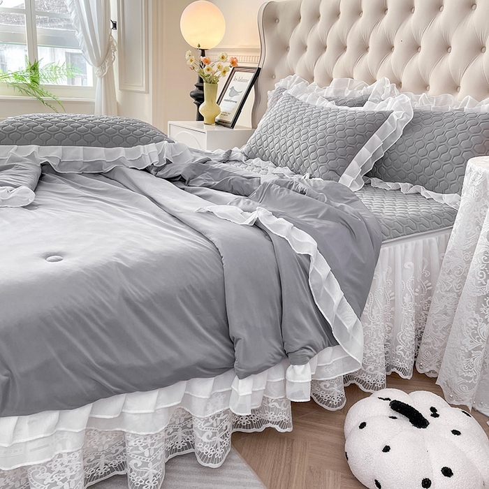 91家纺网 家纺一手货源 找家纺 虹星家纺 2024新款凉感丝印花可拆床裙套件-夏被凉席四件套 月光灰