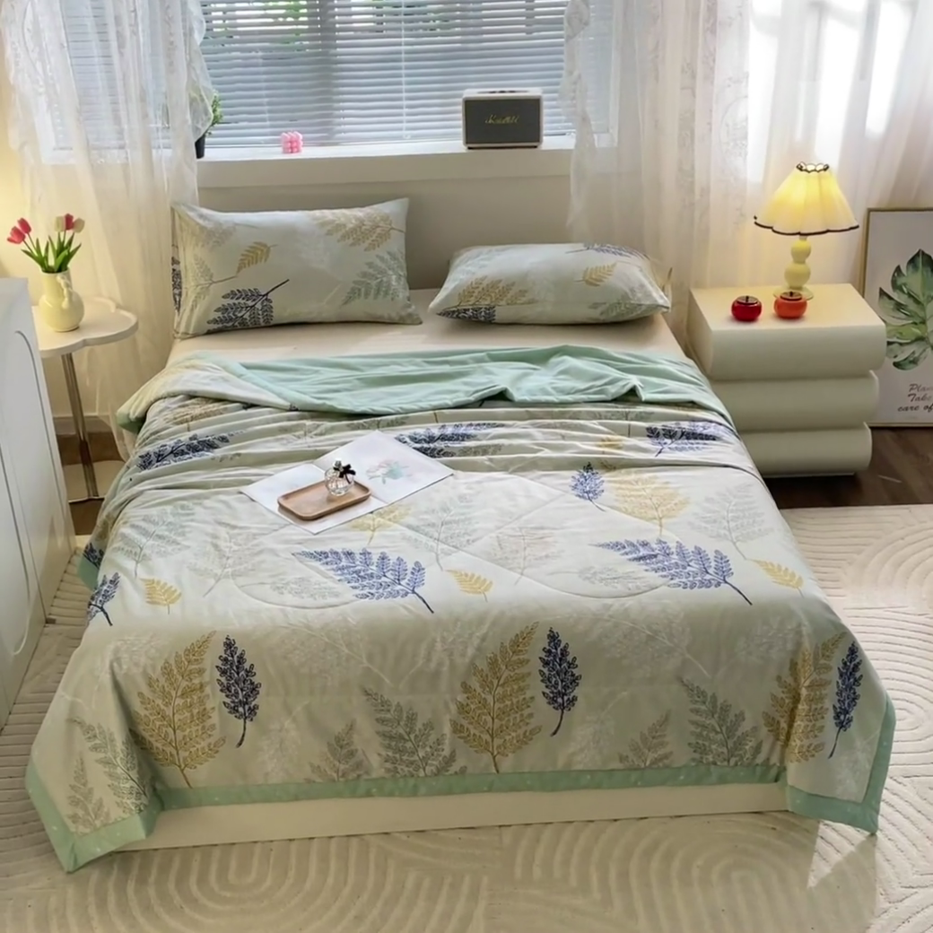 91家纺网 家纺一手货源 找家纺 金柚子2024新款全棉印花夏凉被 羽叶漫漫-米