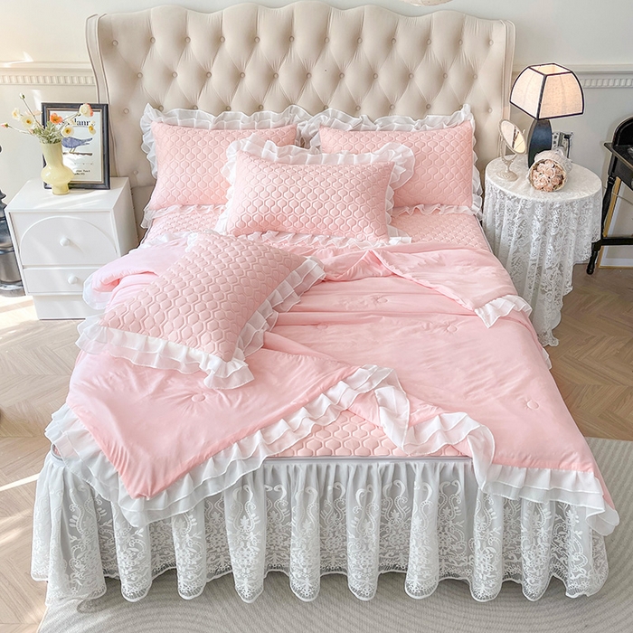 91家纺网 家纺一手货源 找家纺 虹星家纺 2024新款凉感丝印花可拆床裙套件-夏被凉席四件套 仙女粉