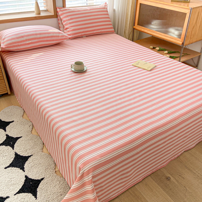 91家纺网 家纺一手货源 找家纺 新印象 2025新款原棉包边工艺款老粗布床单三件套 条纹粉