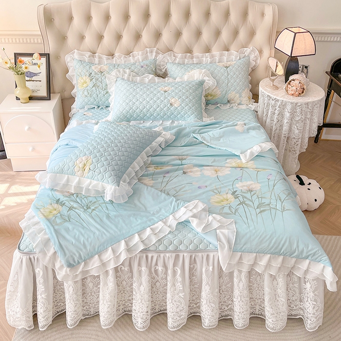 91家纺网 家纺一手货源 找家纺 虹星家纺 2024新款凉感丝印花可拆床裙套件-夏被凉席四件套 柔丝曼舞