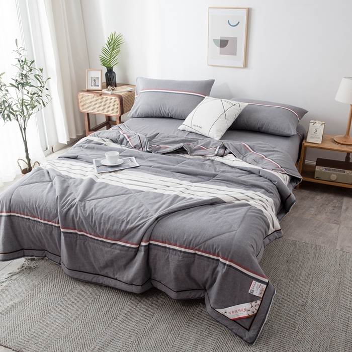 91家纺网 家纺一手货源 找家纺 21度C 2024新款A类全棉色织水洗棉棉花夏被 光阴灰