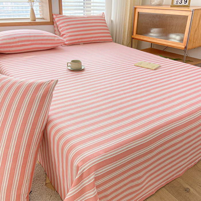 91家纺网 家纺一手货源 找家纺 新印象 2025新款原棉包边工艺款老粗布床单三件套 条纹粉