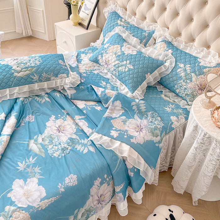 91家纺网 家纺一手货源 找家纺 虹星家纺 2024新款凉感丝印花可拆床裙套件-夏被凉席四件套 花语自然