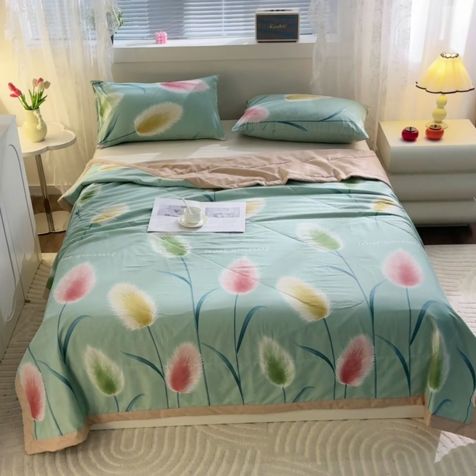 91家纺网 家纺一手货源 找家纺 金柚子2024新款全棉印花夏凉被 随风摇曳-绿