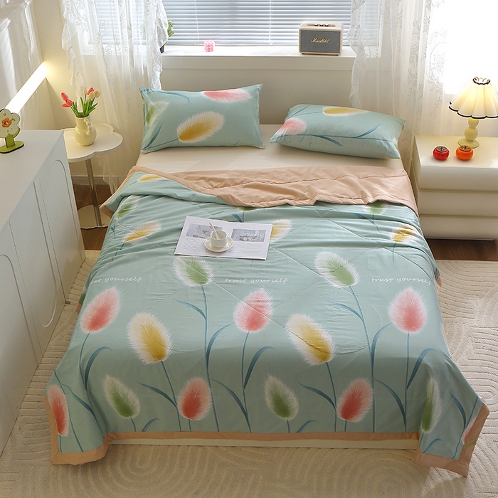 91家纺网 家纺一手货源 找家纺 金柚子2024新款全棉印花夏凉被 随风摇曳-绿