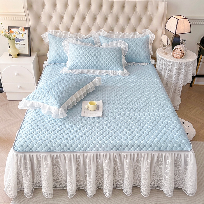 91家纺网 家纺一手货源 找家纺 虹星家纺 2024新款凉感丝印花可拆床裙套件-三件套 天空蓝