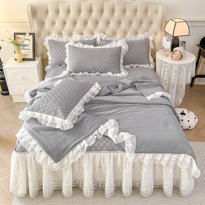 91家纺网 家纺一手货源 找家纺 虹星家纺 2024新款凉感丝印花可拆床裙套件-夏被凉席四件套 月光灰