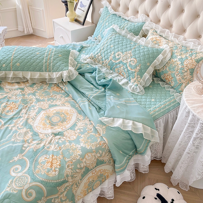 91家纺网 家纺一手货源 找家纺 虹星家纺 2024新款凉感丝印花可拆床裙套件-夏被凉席四件套 悠情假日