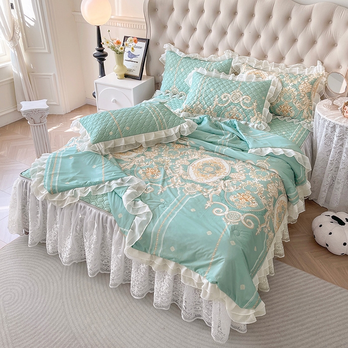 91家纺网 家纺一手货源 找家纺 虹星家纺 2024新款凉感丝印花可拆床裙套件-夏被凉席四件套 悠情假日