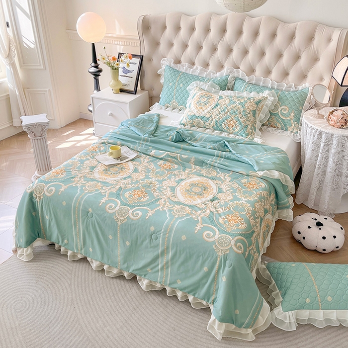 91家纺网 家纺一手货源 找家纺 虹星家纺 2024新款凉感丝印花可拆床裙套件-夏被凉席四件套 悠情假日