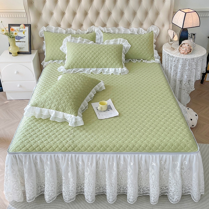 91家纺网 家纺一手货源 找家纺 虹星家纺 2024新款凉感丝印花可拆床裙套件-三件套 初禾绿