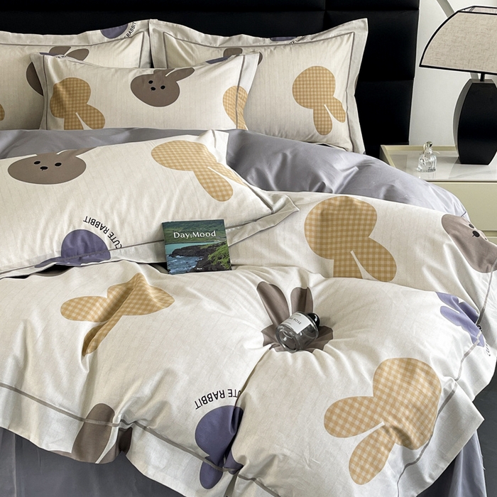 91家纺网 家纺一手货源 找家纺 7V 2024新款轻奢13376纯棉全棉喷气四件套 兔宝-灰