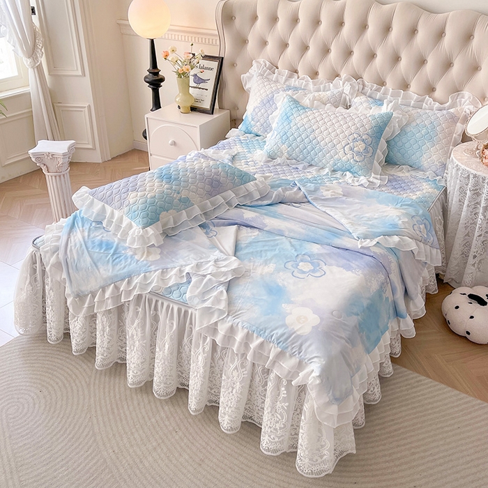 91家纺网 家纺一手货源 找家纺 虹星家纺 2024新款凉感丝印花可拆床裙套件-夏被凉席四件套 花花梦境