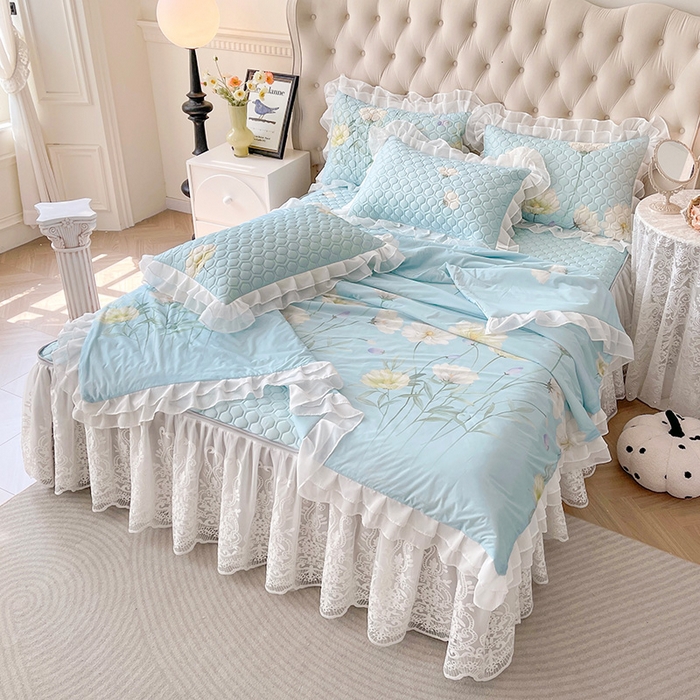 91家纺网 家纺一手货源 找家纺 虹星家纺 2024新款凉感丝印花可拆床裙套件-夏被凉席四件套 柔丝曼舞