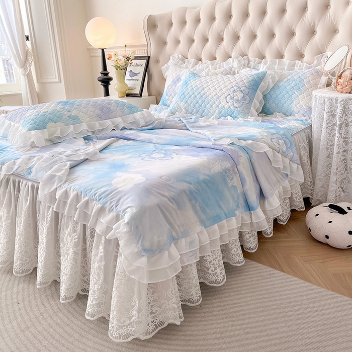 91家纺网 家纺一手货源 找家纺 虹星家纺 2024新款凉感丝印花可拆床裙套件-夏被凉席四件套 花花梦境