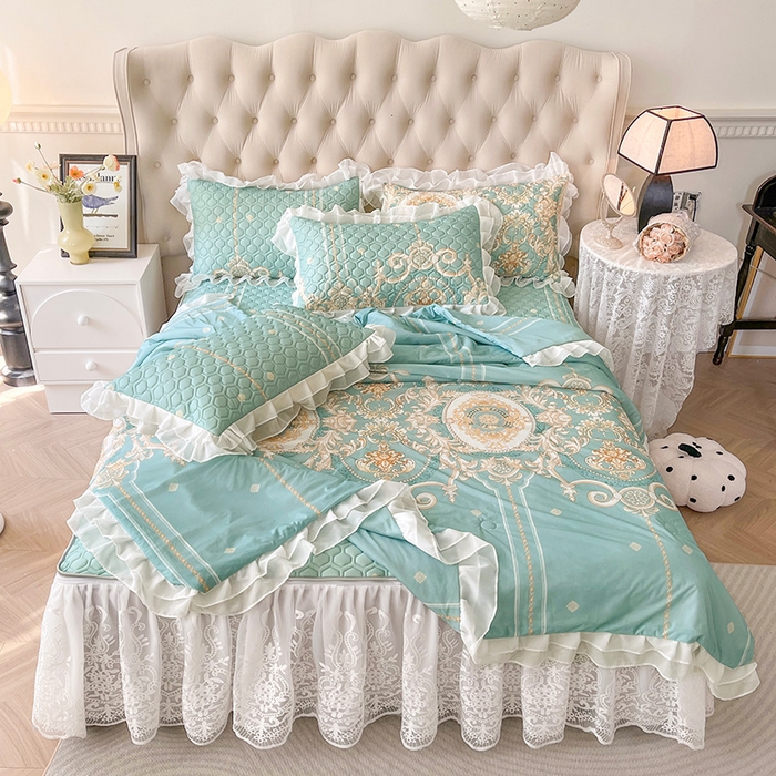 91家纺网 家纺一手货源 找家纺 虹星家纺 2024新款凉感丝印花可拆床裙套件-夏被凉席四件套 悠情假日