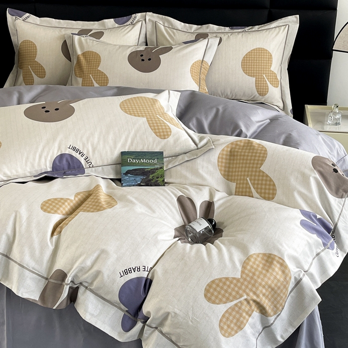 91家纺网 家纺一手货源 找家纺 7V 2024新款轻奢13376纯棉全棉喷气四件套 兔宝-灰