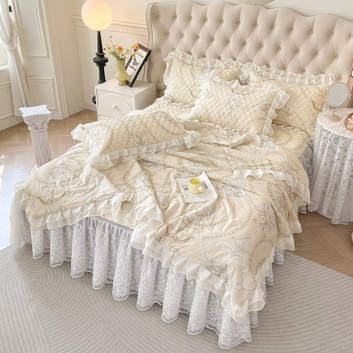 91家纺网 家纺一手货源 找家纺 虹星家纺 2024新款凉感丝印花可拆床裙套件-夏被凉席四件套 欧式雅韵