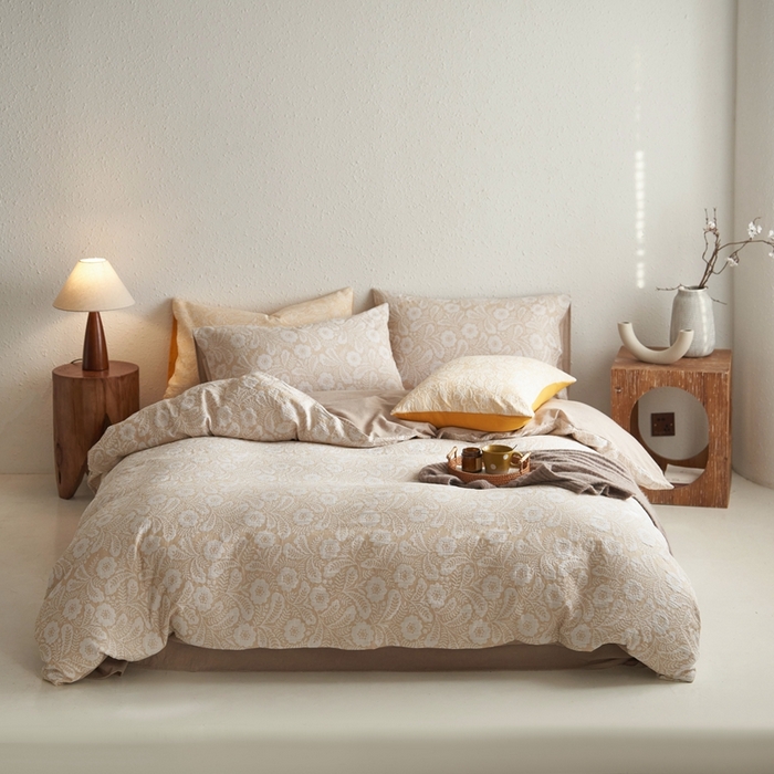 91家纺网 家纺一手货源 找家纺 安莱生活 2025新款凤尾花语色织双层纱大提花基础款四件套 凤尾花语-卡其