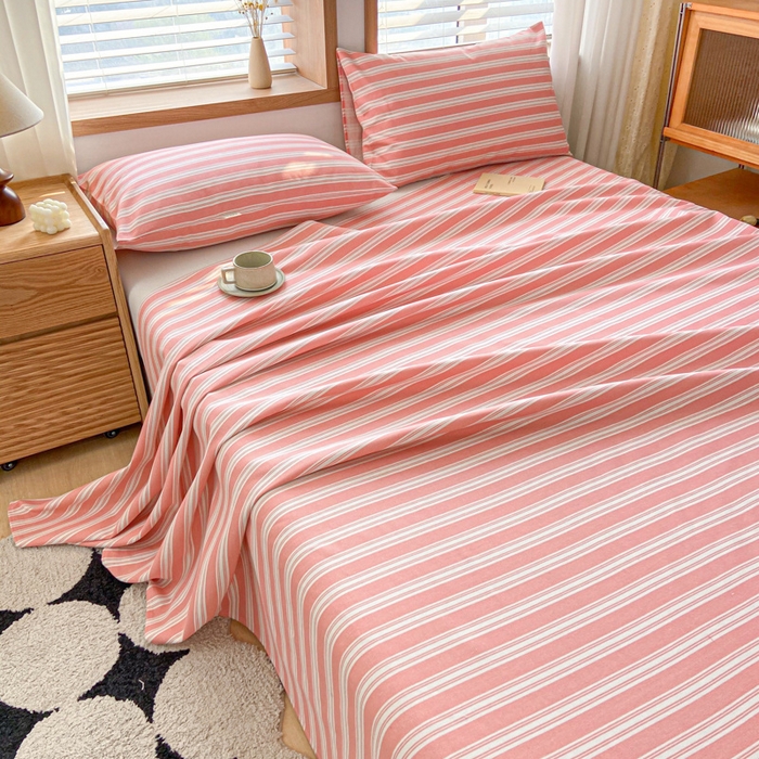 91家纺网 家纺一手货源 找家纺 新印象 2025新款原棉包边工艺款老粗布床单三件套 条纹粉