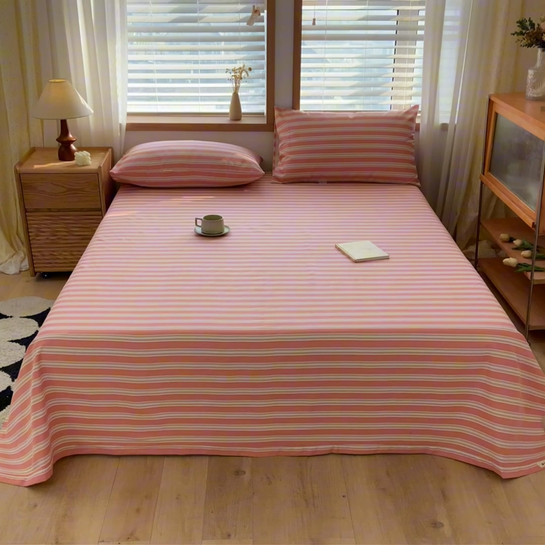 91家纺网 家纺一手货源 找家纺 新印象 2025新款原棉包边工艺款老粗布床单三件套 条纹粉