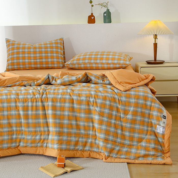 91家纺网 家纺一手货源 找家纺 迪乐妮家居 2024新款色织全棉夏被四件套 蜜橘格