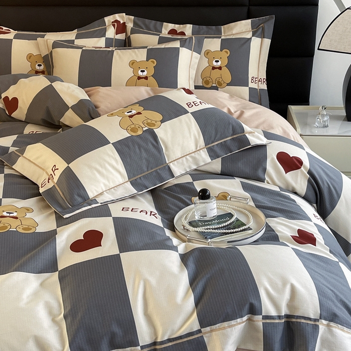 91家纺网 家纺一手货源 找家纺 7V 2024新款轻奢13376纯棉全棉喷气四件套 爱心熊宝-灰