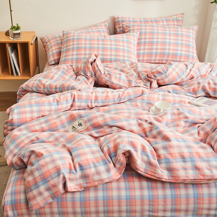 91家纺网 家纺一手货源 找家纺 21度C 2024新款全棉水洗棉四件套 七分格粉