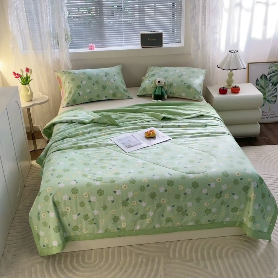 91家纺网 家纺一手货源 找家纺 金柚子2024新款全棉印花夏凉被 欧若琳-绿