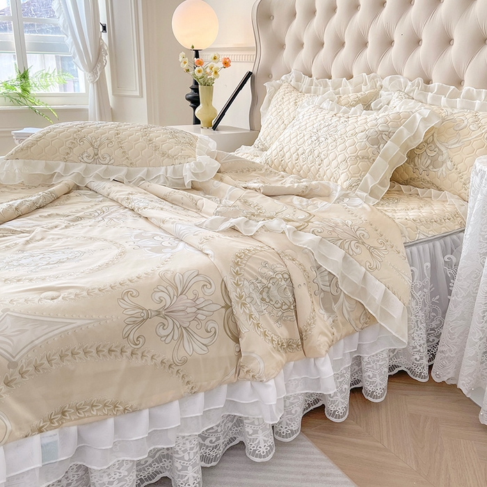 91家纺网 家纺一手货源 找家纺 虹星家纺 2024新款凉感丝印花可拆床裙套件-夏被凉席四件套 欧式雅韵