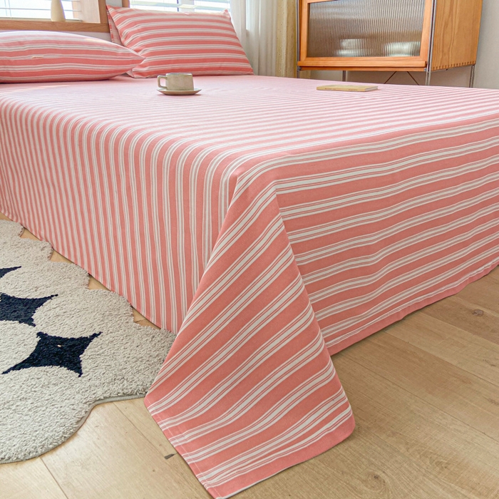 91家纺网 家纺一手货源 找家纺 新印象 2025新款原棉包边工艺款老粗布床单三件套 条纹粉