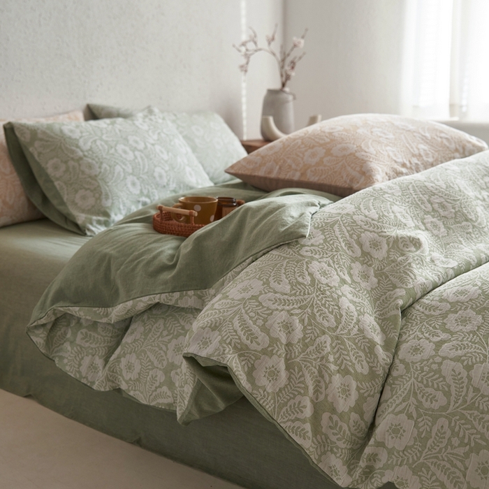 91家纺网 家纺一手货源 找家纺 安莱生活 2025新款凤尾花语色织双层纱大提花基础款四件套 凤尾花语-嫩绿